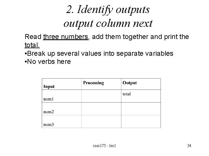 2. Identify outputs output column next Read three numbers, add them together and print