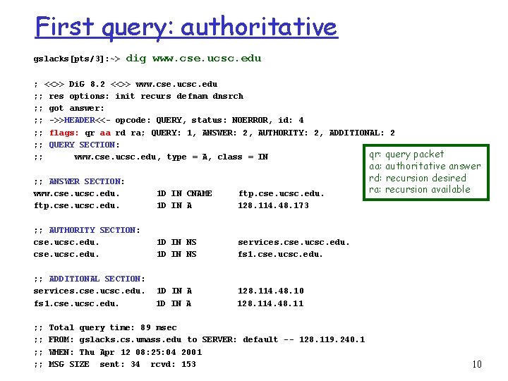 First query: authoritative gslacks[pts/3]: ~> dig www. cse. ucsc. edu ; <<>> Di. G