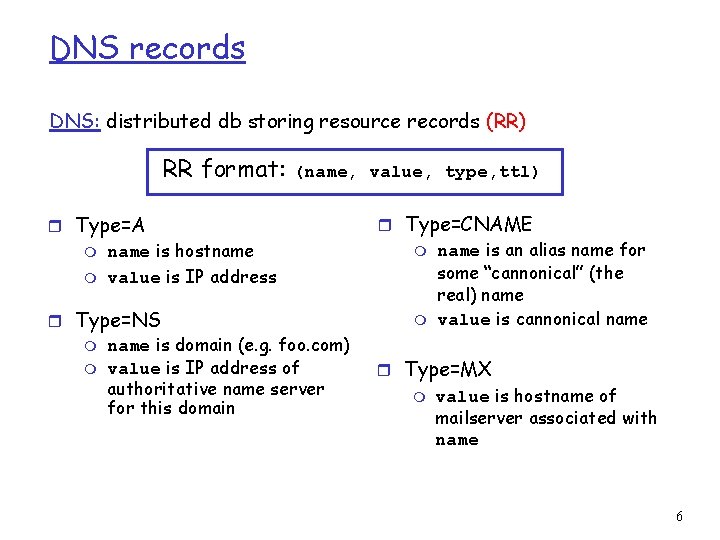 DNS records DNS: distributed db storing resource records (RR) RR format: (name, value, type,