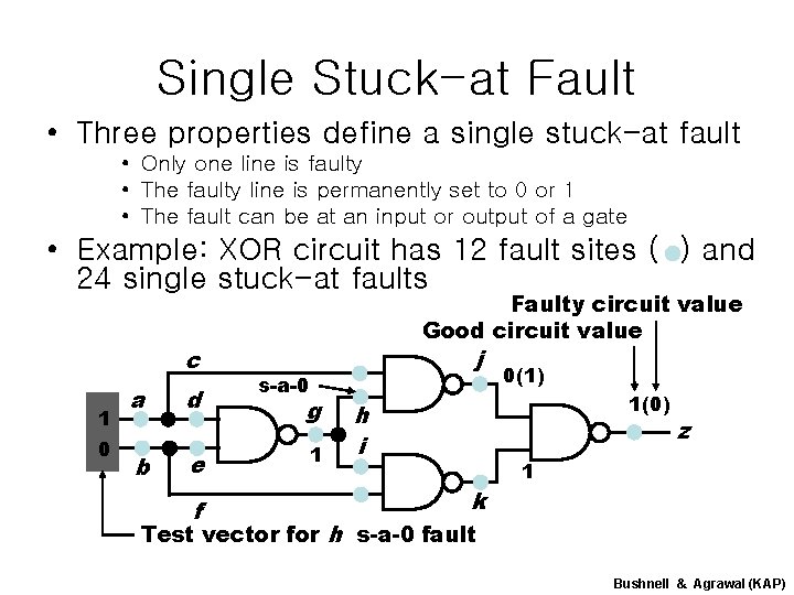Single Stuck-at Fault • Three properties define a single stuck-at fault • Only one