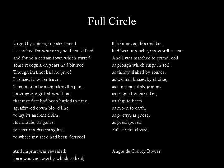 Full Circle Urged by a deep, insistent need I searched for where my soul