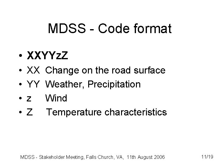 MDSS - Code format • XXYYz. Z • • XX YY z Z Change