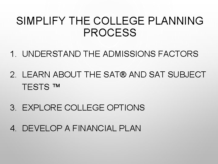 SIMPLIFY THE COLLEGE PLANNING PROCESS 1. UNDERSTAND THE ADMISSIONS FACTORS 2. LEARN ABOUT THE