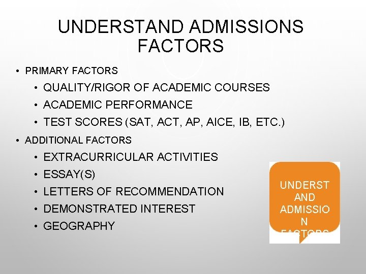 UNDERSTAND ADMISSIONS FACTORS • PRIMARY FACTORS • QUALITY/RIGOR OF ACADEMIC COURSES • ACADEMIC PERFORMANCE