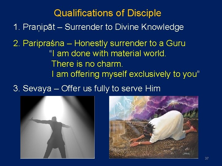 Qualifications of Disciple 1. Praņipãt – Surrender to Divine Knowledge 2. Paripraśna – Honestly