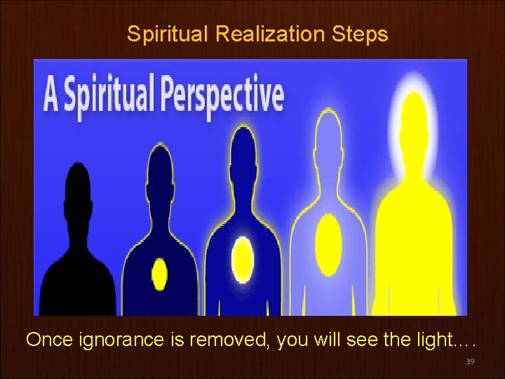 Spiritual Realization Steps Once ignorance is removed, you will see the light…. 39 Spiritual Realization Steps Once ignorance is removed, you will see the light…. 39