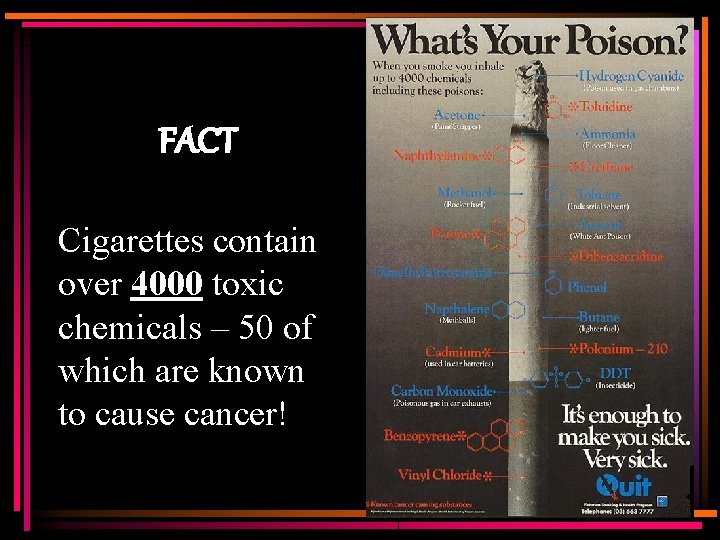 FACT Cigarettes contain over 4000 toxic chemicals – 50 of which are known to