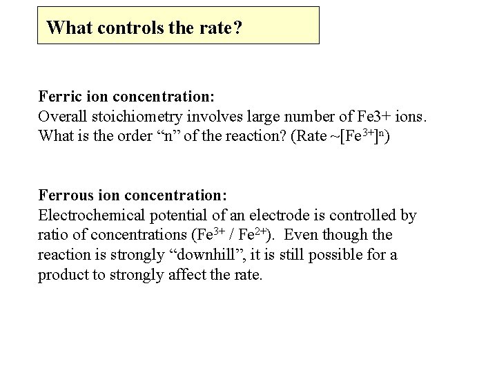 What controls the rate? Ferric ion concentration: Overall stoichiometry involves large number of Fe What controls the rate? Ferric ion concentration: Overall stoichiometry involves large number of Fe