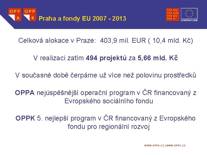 Praha a fondy EU 2007 - 2013 Celková alokace v Praze: 403, 9 mil.