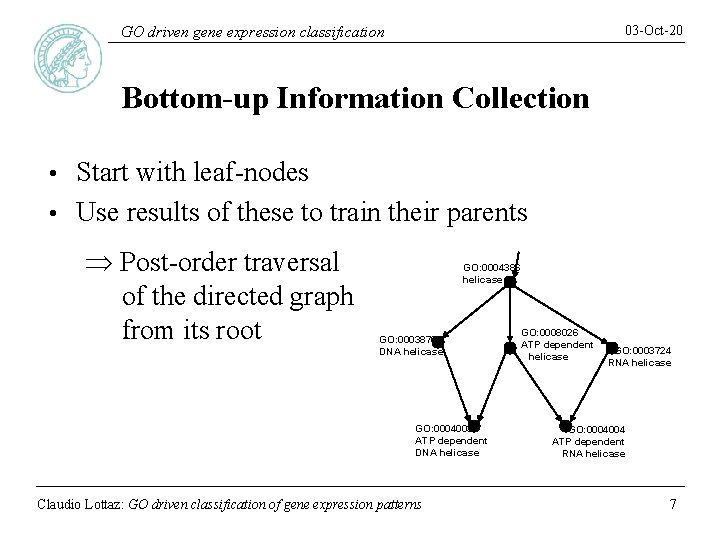 03 -Oct-20 GO driven gene expression classification Bottom-up Information Collection Start with leaf-nodes •