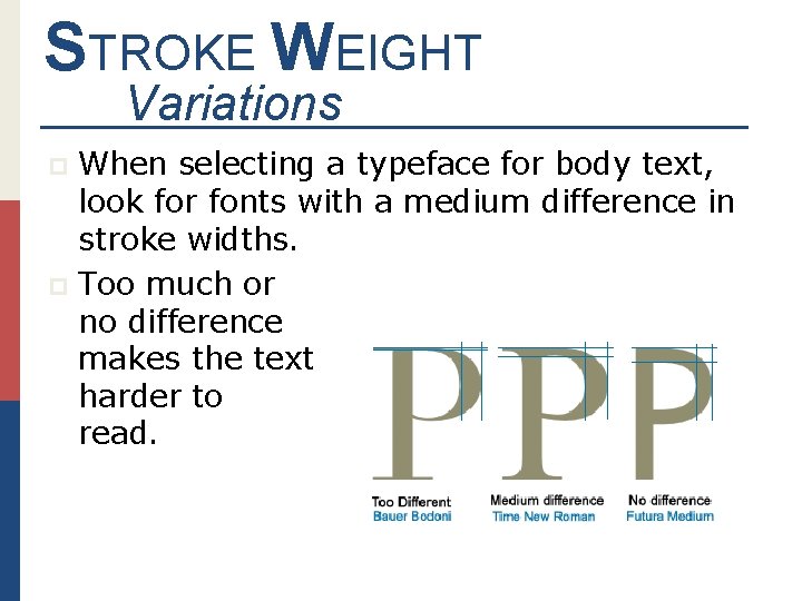 STROKE WEIGHT Variations When selecting a typeface for body text, look for fonts with