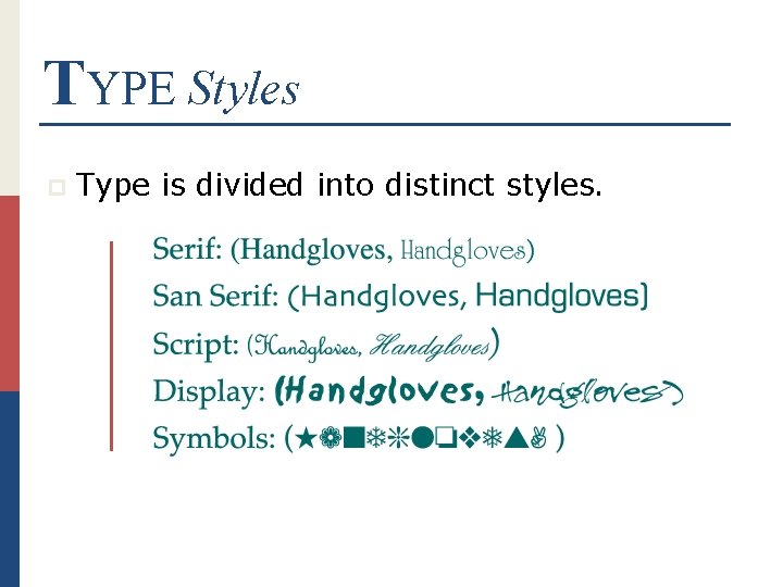 TYPE Styles p Type is divided into distinct styles. 