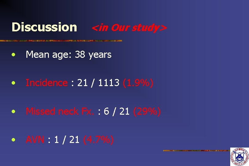 Discussion <in Our study> • Mean age: 38 years • Incidence : 21 /