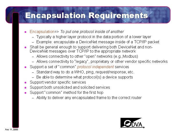 Encapsulation Requirements l l l Feb 11, 2000 Encapsulation=> To put one protocol inside