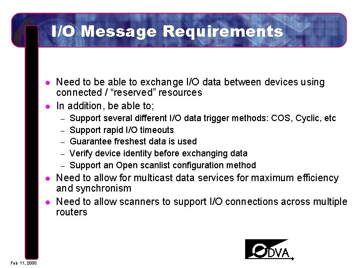 I/O Message Requirements l l Need to be able to exchange I/O data between