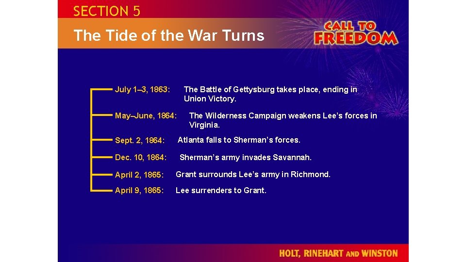 SECTION 5 The Tide of the War Turns The Battle of Gettysburg takes place,