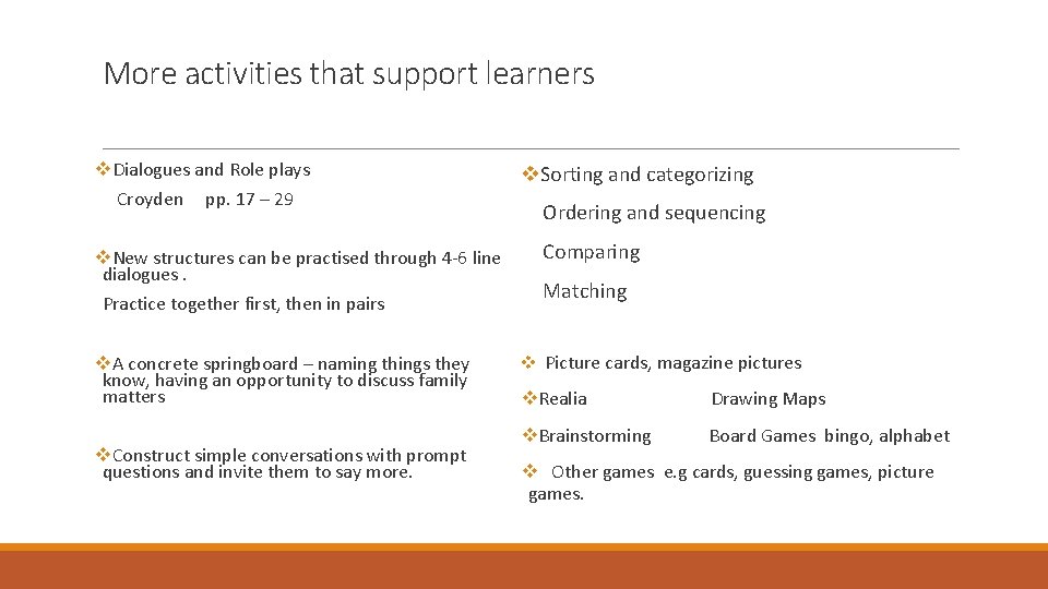 More activities that support learners v. Dialogues and Role plays Croyden pp. 17 –