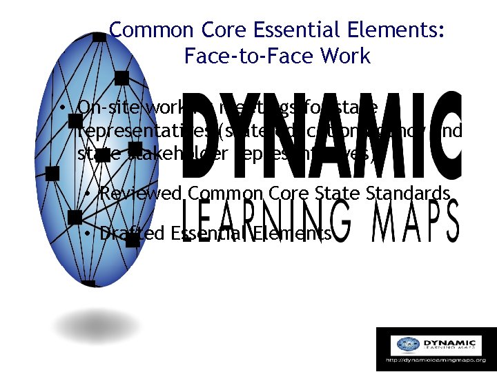 Common Core Essential Elements: Face-to-Face Work • On-site working meetings for state representatives (state