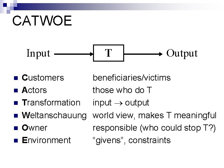 CATWOE Input n n n T Output Customers beneficiaries/victims Actors those who do T