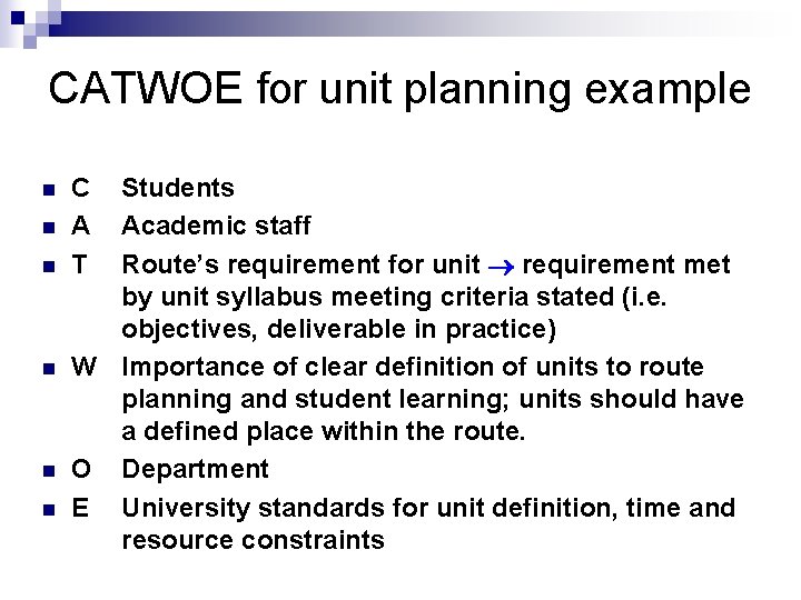 CATWOE for unit planning example n n n C A T Students Academic staff
