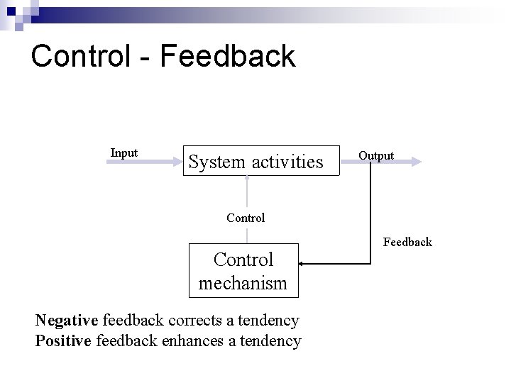 Control - Feedback Input System activities Output Control mechanism Negative feedback corrects a tendency