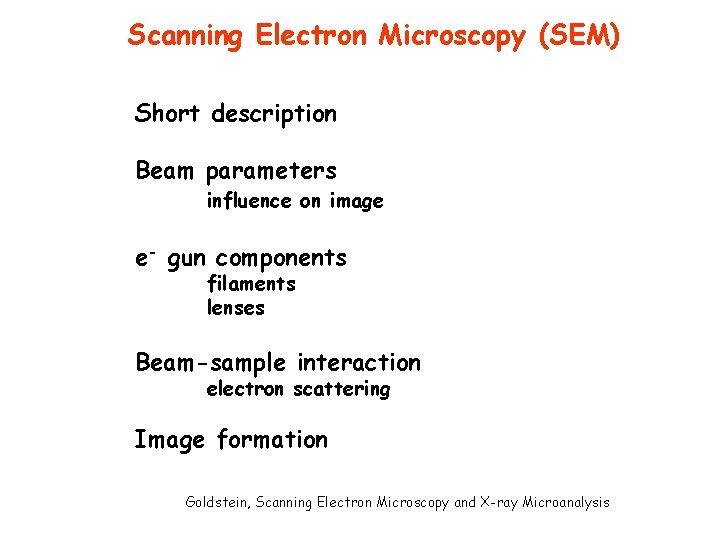 Scanning Electron Microscopy (SEM) Short description Beam parameters influence on image e- gun components