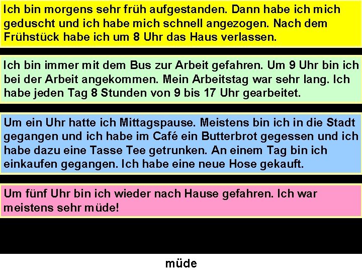 Ich bin morgens sehr früh aufgestanden. Dann habe ich mich geduscht und ich habe