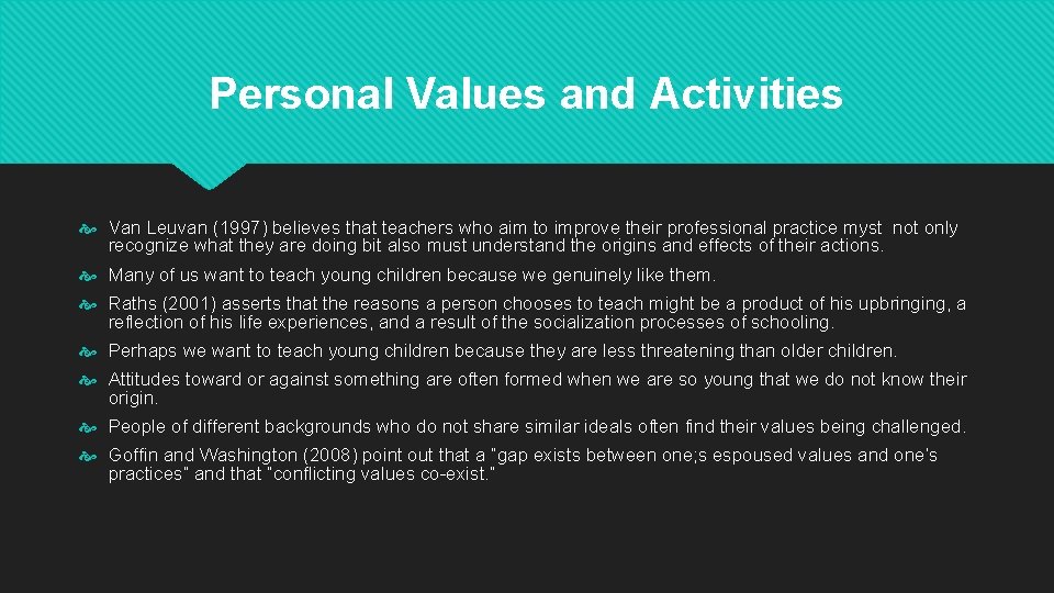 Personal Values and Activities Van Leuvan (1997) believes that teachers who aim to improve