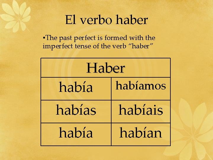 El verbo haber • The past perfect is formed with the imperfect tense of