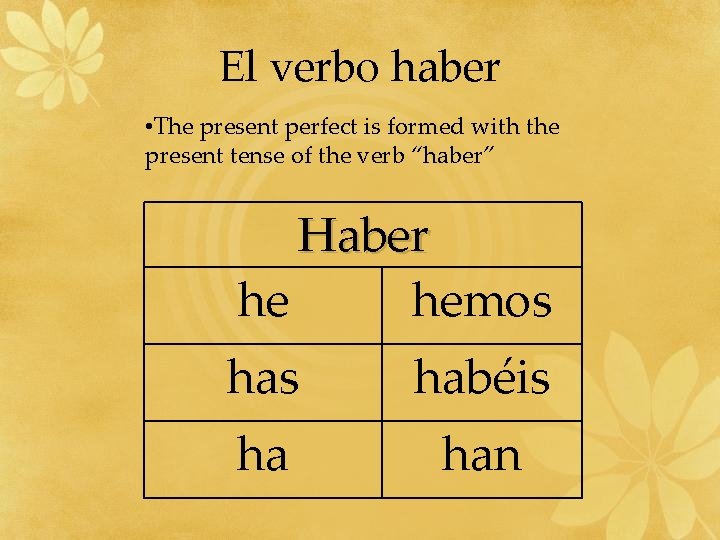 El verbo haber • The present perfect is formed with the present tense of