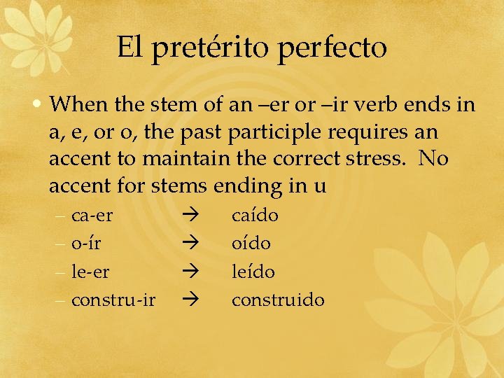 El pretérito perfecto • When the stem of an –er or –ir verb ends