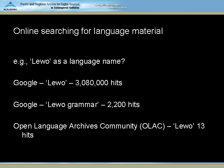 Online searching for language material e. g. , ‘Lewo’ as a language name? Google