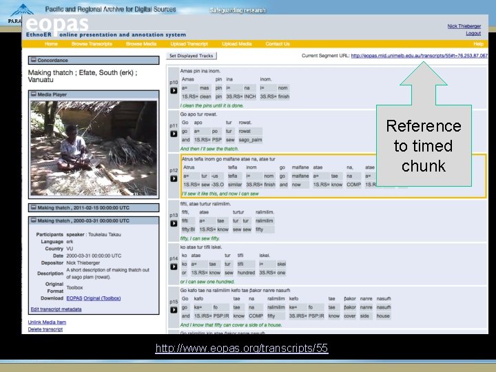 Reference to timed chunk http: //www. eopas. org/transcripts/55 