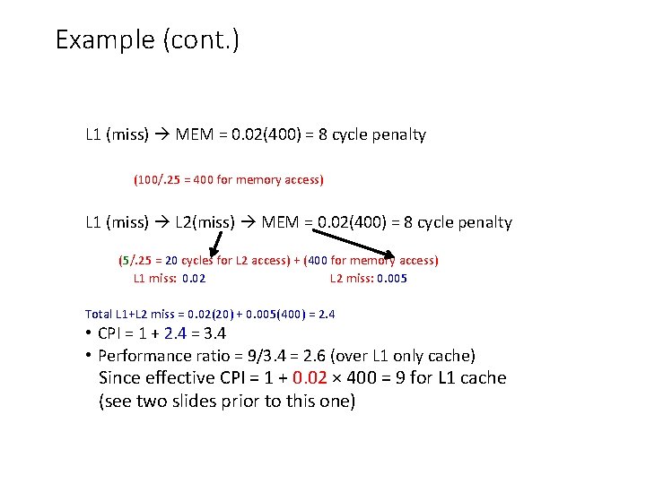 Example (cont. ) L 1 (miss) MEM = 0. 02(400) = 8 cycle penalty