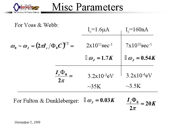 Misc Parameters For Voss & Webb: For Fulton & Dunkleberger: November 5, 1999 Ic=1.