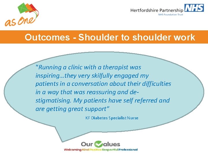 Outcomes - Shoulder to shoulder work “Running a clinic with a therapist was inspiring…they Outcomes - Shoulder to shoulder work “Running a clinic with a therapist was inspiring…they