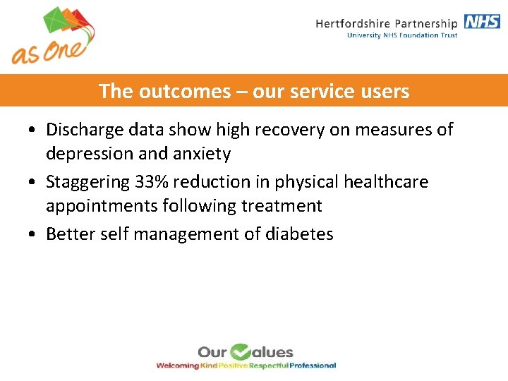 The outcomes – our service users • Discharge data show high recovery on measures The outcomes – our service users • Discharge data show high recovery on measures