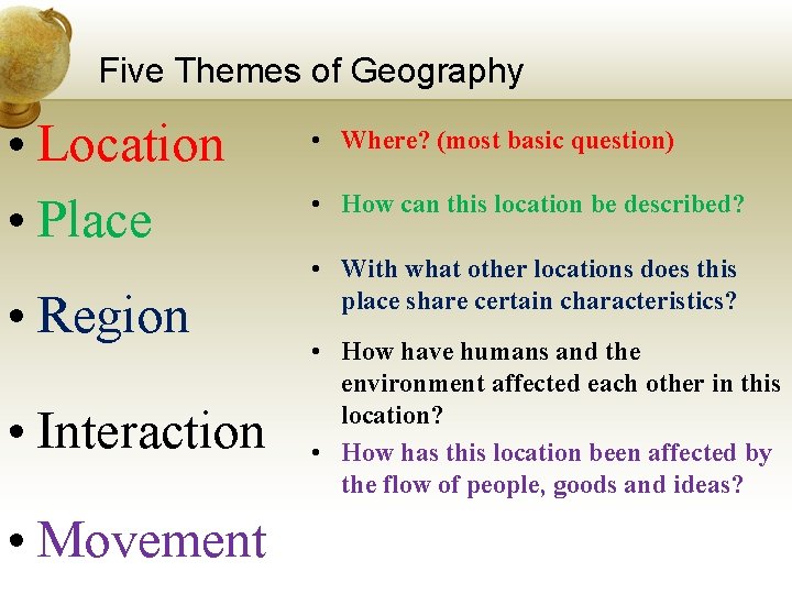 Five Themes of Geography • Location • Place • Region • Interaction • Movement