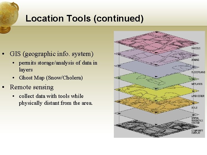 Location Tools (continued) • GIS (geographic info. system) • permits storage/analysis of data in