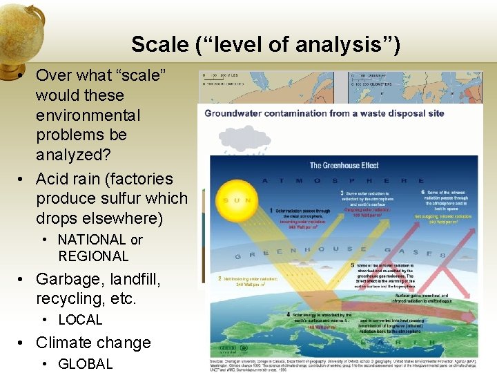 Scale (“level of analysis”) • Over what “scale” would these environmental problems be analyzed?