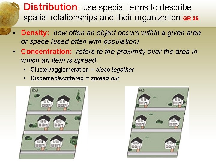 Distribution: use special terms to describe spatial relationships and their organization GR 35 •