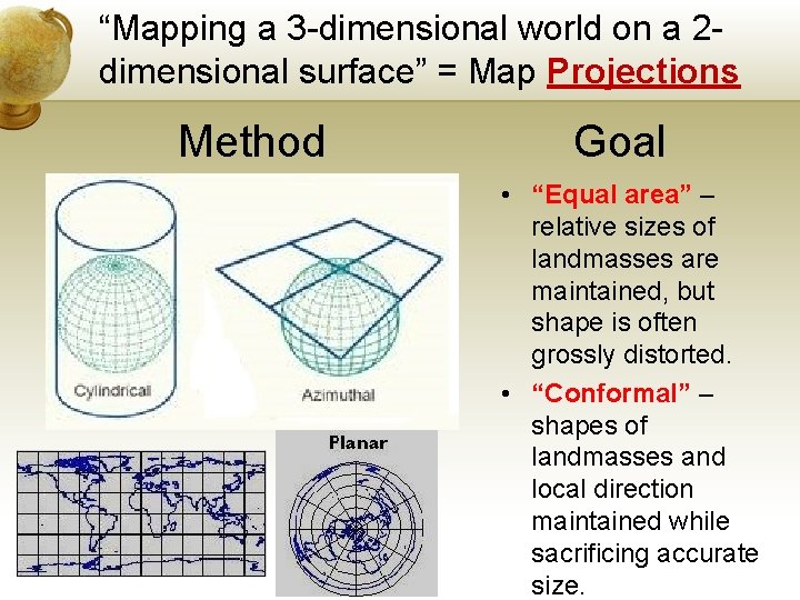 “Mapping a 3 -dimensional world on a 2 dimensional surface” = Map Projections Method