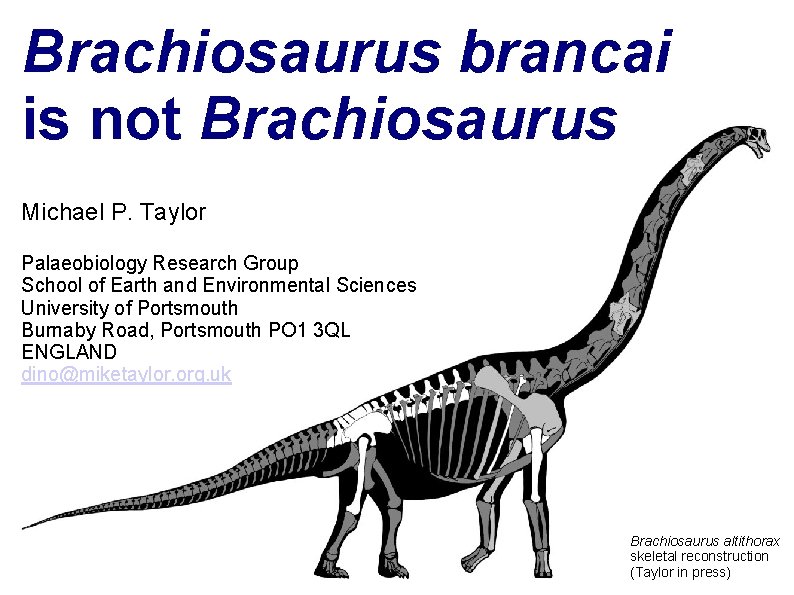 Brachiosaurus brancai is not Brachiosaurus Michael P. Taylor Palaeobiology Research Group School of Earth