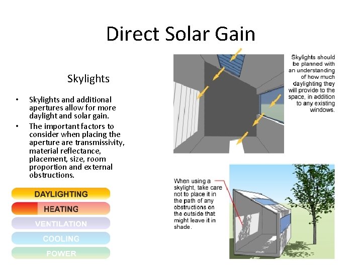 Direct Solar Gain Skylights • • Skylights and additional apertures allow for more daylight Direct Solar Gain Skylights • • Skylights and additional apertures allow for more daylight
