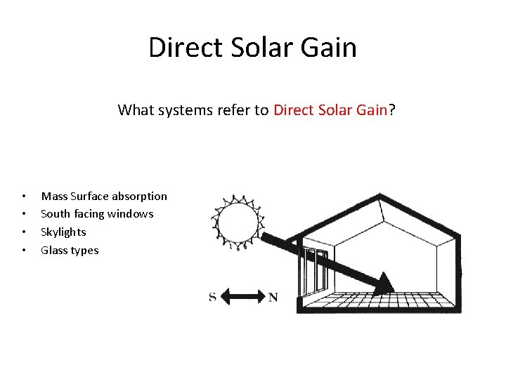 Direct Solar Gain What systems refer to Direct Solar Gain? • • Mass Surface Direct Solar Gain What systems refer to Direct Solar Gain? • • Mass Surface