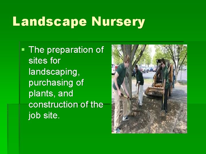 Landscape Nursery § The preparation of sites for landscaping, purchasing of plants, and construction