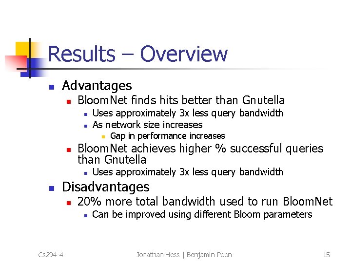 Results – Overview n Advantages n Bloom. Net finds hits better than Gnutella n