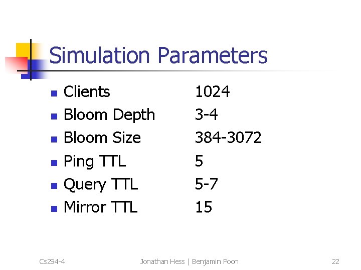 Simulation Parameters n n n Clients Bloom Depth Bloom Size Ping TTL Query TTL