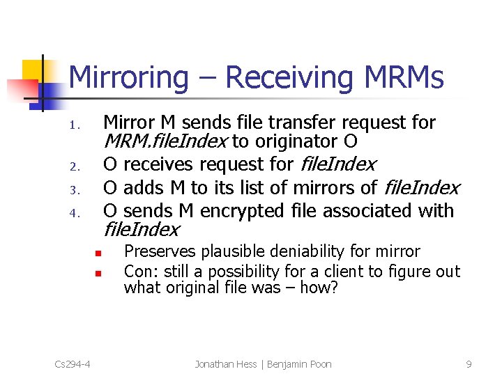 Mirroring – Receiving MRMs Mirror M sends file transfer request for MRM. file. Index