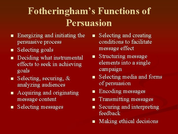 Fotheringham’s Functions of Persuasion n n n Energizing and initiating the persuasive process Selecting
